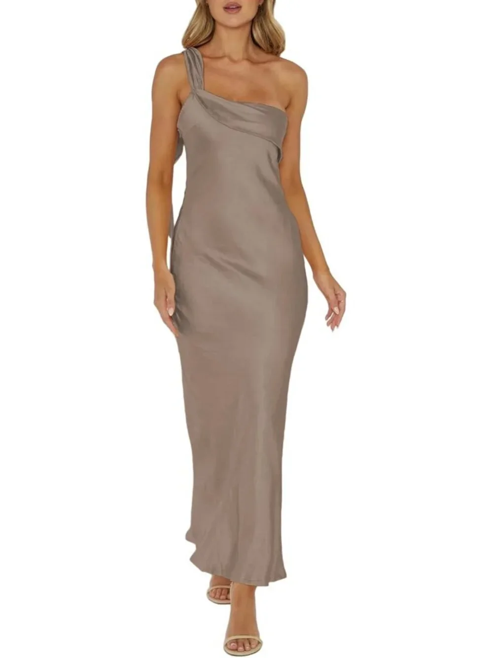 Women's Mocha Summer Silk Formal Elegant Sleeveless ONE Shoulder Maxi Dress